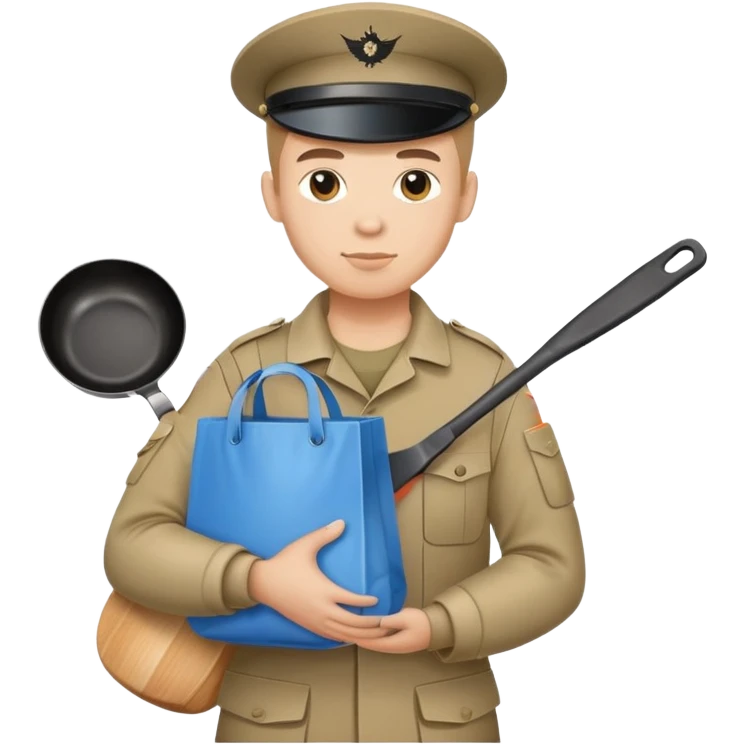 soldier holding a puffy blue grocery bag and a frying pan emoji