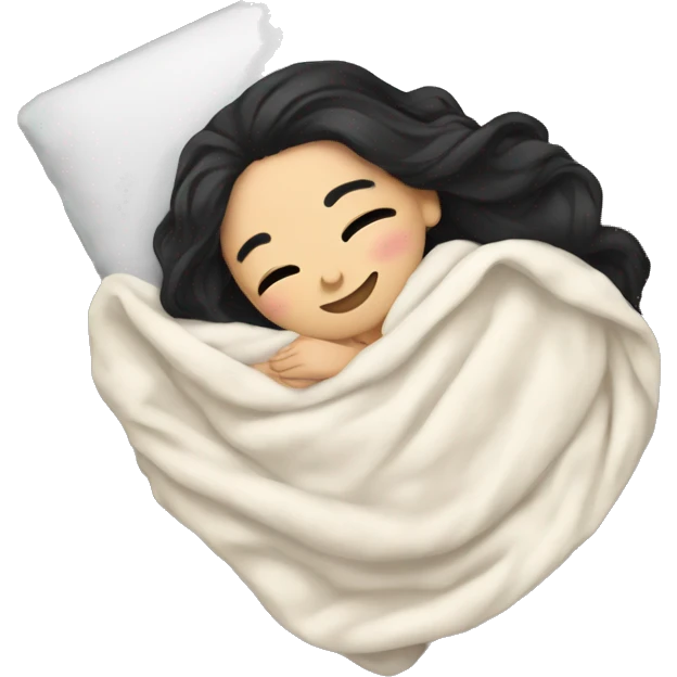 Pale Girl with black hair laying down cozy in a  blanket emoji