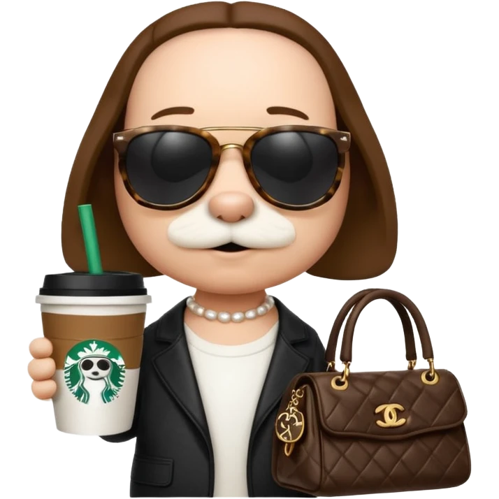 snoopy in a desk with starbucks and his chanel purse emoji