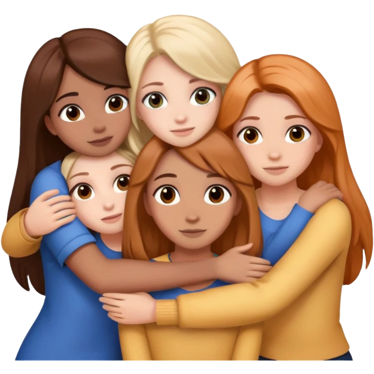 six girls, group hug, matching the described hair, eye, and skin colors emoji