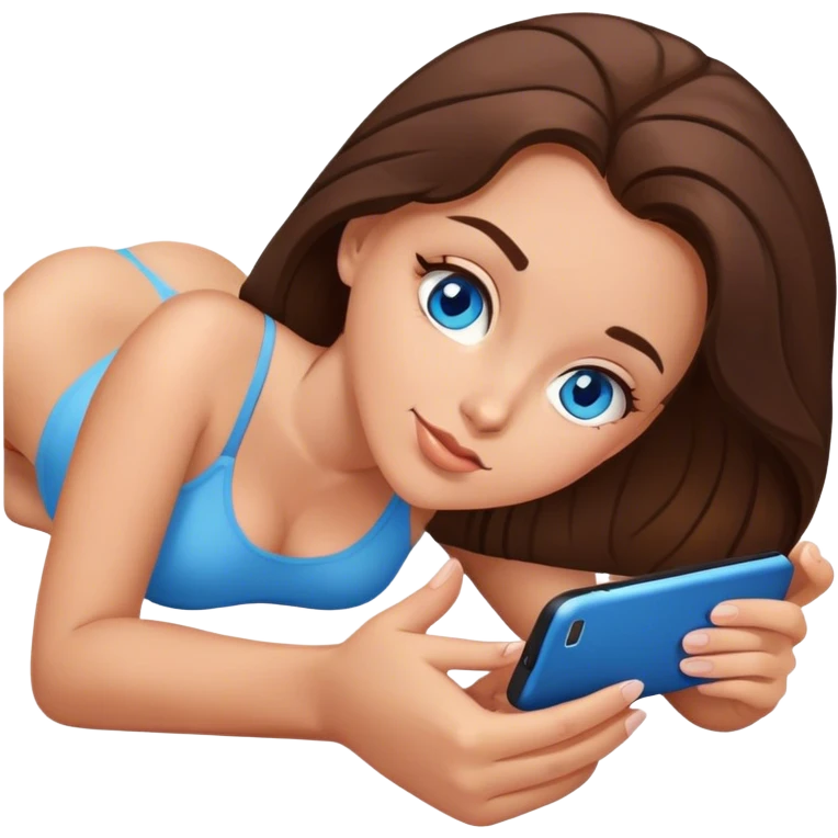 White girl brunett blue eyes laying on stomach using her phone  emoji