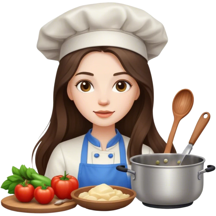 beautiful pale brunette girl with long hair cooking emoji