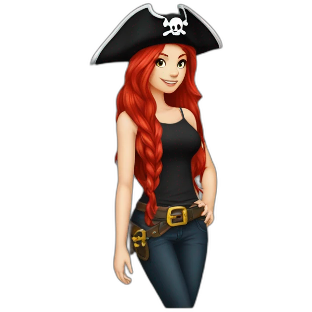 Woman long red hair on one side, tattoo on side of head.  pirate hat. skull and crossbones t shirt emoji