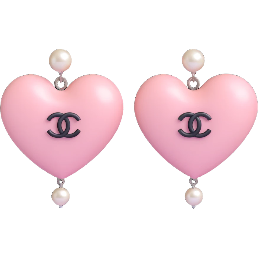 glossy black and white 3D emoji-style heart-shaped earrings with string of pearls and silver Chanel logo, elegant emoji