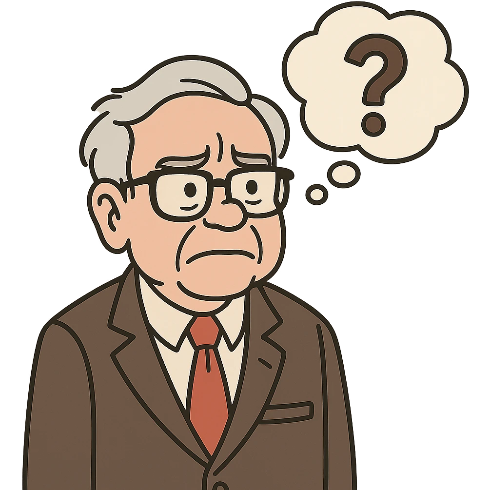 Warren Buffett with a thought bubble containing a question mark, looking uncertain, business suit, cartoon style emoji