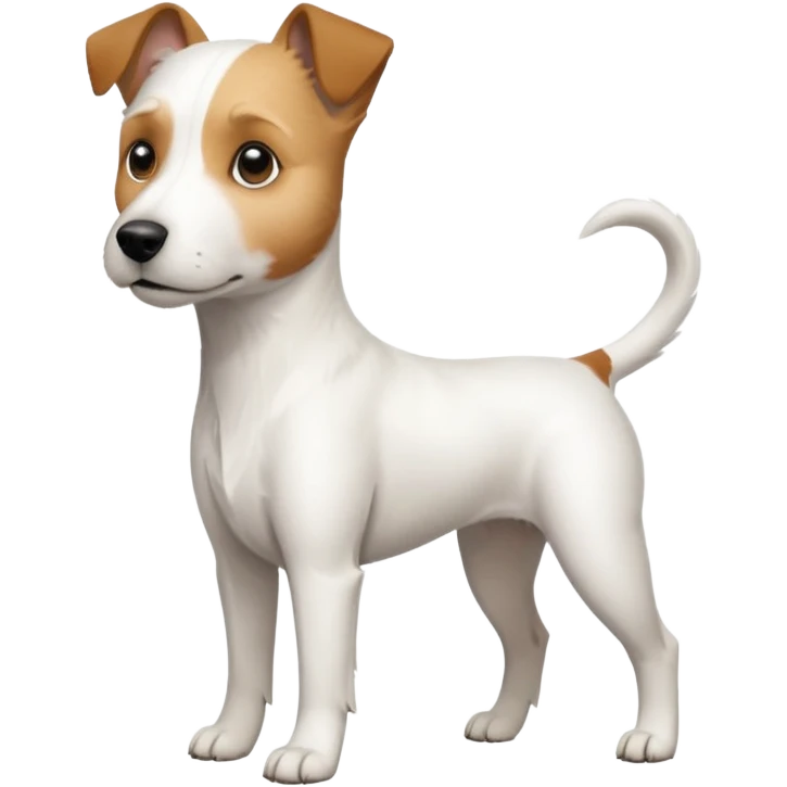 a full body white parson russell looking dog the size of a kelpie with light brown ears and a light brown patch on one eye and a large snout emoji