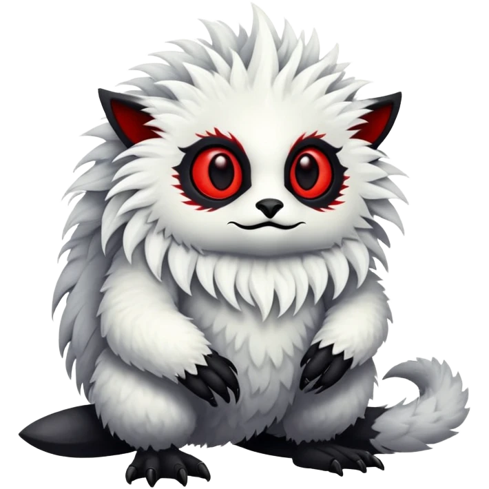 a white exotic edgy vernid-fionbr-Fakémon-creature, with black belly and red eyes, full body emoji