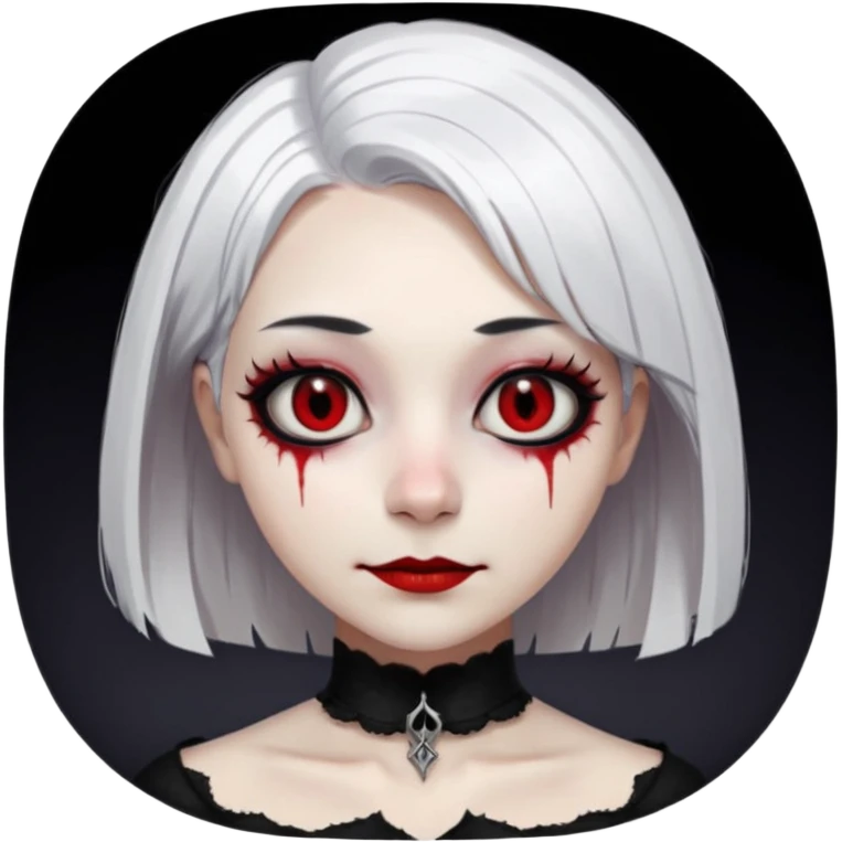 female, unnatural eye color with veiny eyes, sickly skin texture combined with an unnatural creepy smile, liminal setting that feels wrong, uncanny eerie art style, scary femme fatale, bob cut, mole under eye, white hair, red iris, black mascara, black eyeshadow, Gothic white skin, emoji