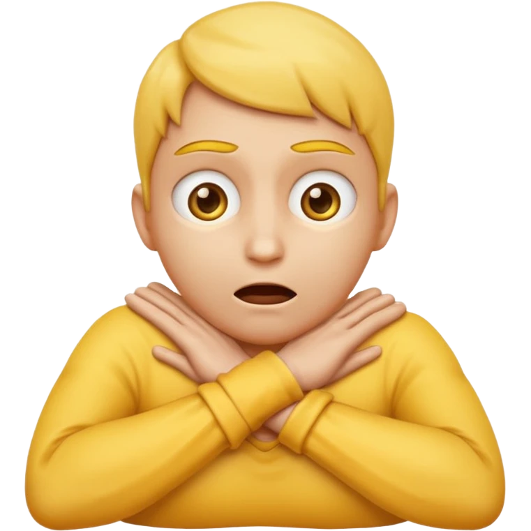 Yellow face emoji strangling itself with 2 arms crossed and hands saround neck and eyes looking up slightl emoji