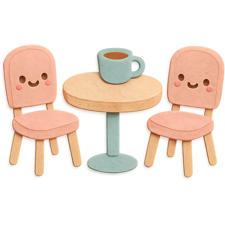 kawaii coffee shop table and chairs set, soft pastel hand-drawn illustration emoji