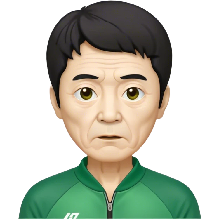 Seong Gi-hun : age 70, skinny and bony face, very small mouth, thick eyebrows deep eyes, unkempt black hair , Green player tracksuit. emoji