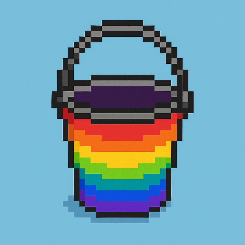 Make the blue and green bucket into a rainbow bucket in pixel art style emoji