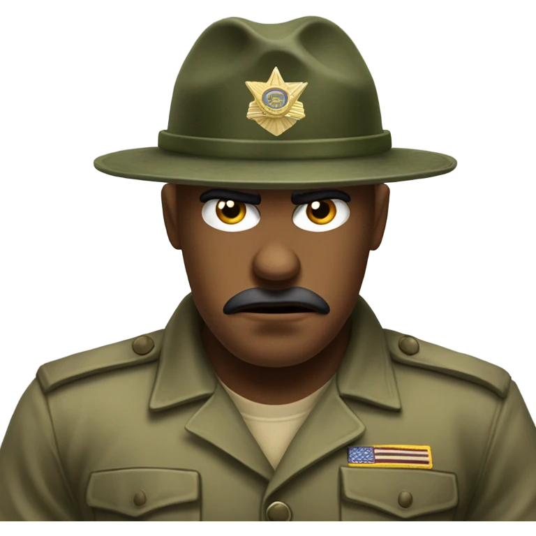 drill sergeant character wearing a classic sergeant hat and a camouflage army shirt. The character should have an angry intense expression. emoji