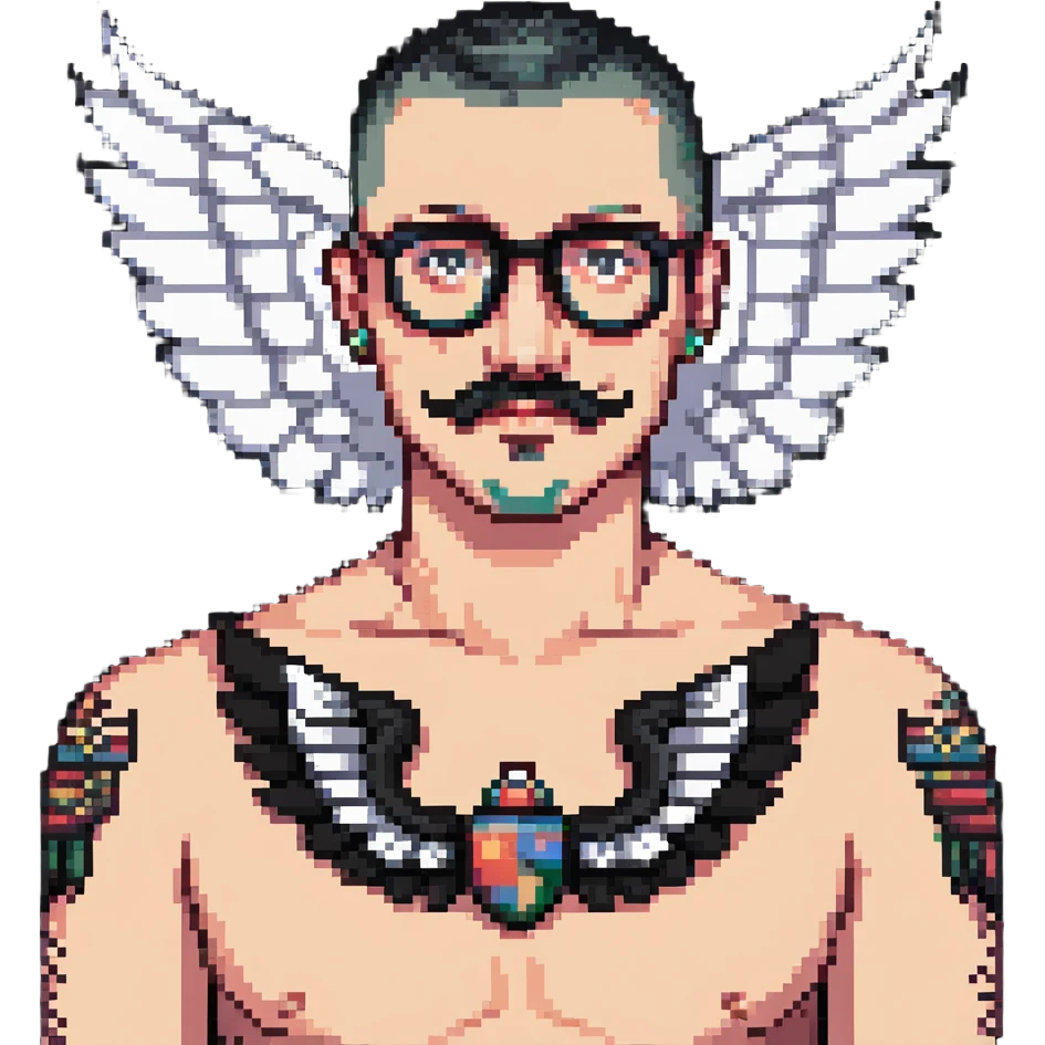 pumped up white male, glasses, buzz cut black hair, handlebar mustache black, two wings tattooed on his chest emoji