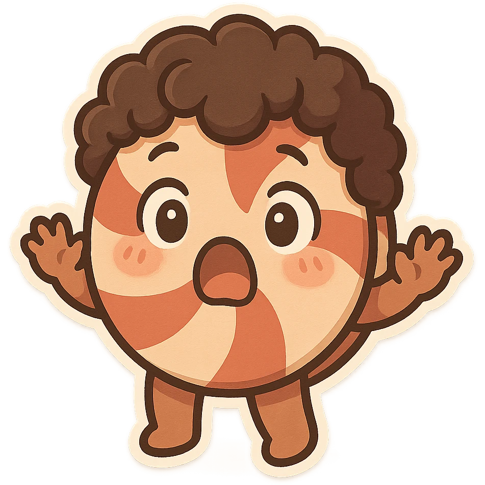chibi style brown male peppermint with curly hair, shocked face, hands up, kawaii look emoji