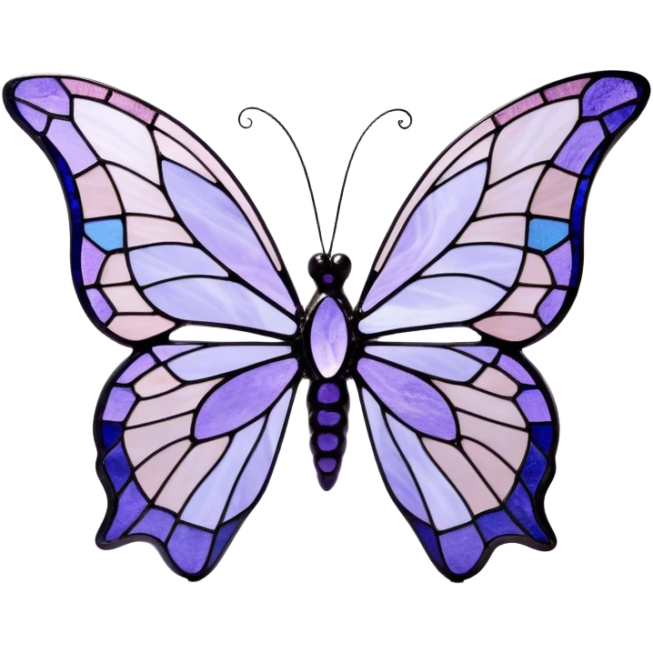 a stunningly detailed butterfly with lilac and ice-purple wings, adorned with an elegant mosaic-like pattern resembling stained glass. The wings should display a harmonious blend of swirling and geometric designs, giving them a mystical and artistic feel. The butterfly should have a graceful, elongated body with a subtle metallic sheen, enhancing its enchanting presence. emoji