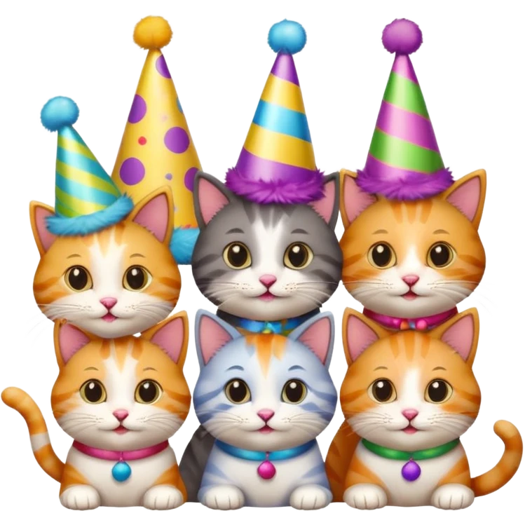  3 happy cats wearing party hats emoji