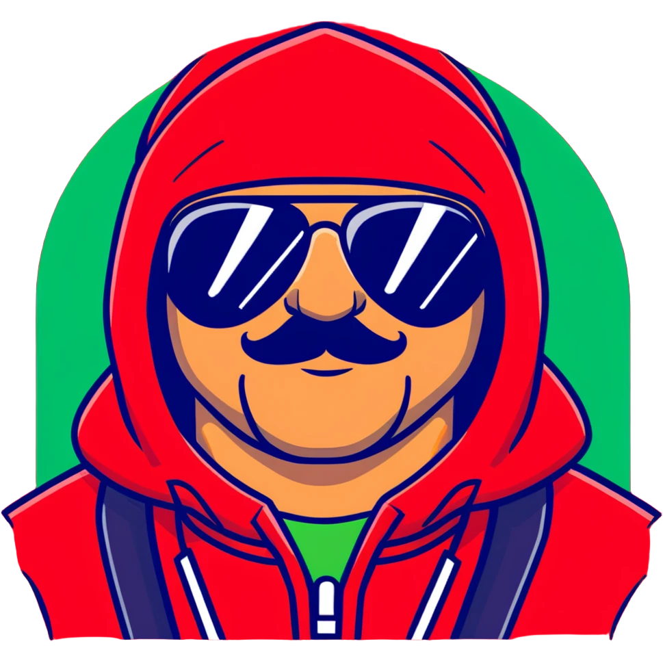 middle-aged man with thin mustache, black aviator sunglasses, red hoodie with hood covering head emoji