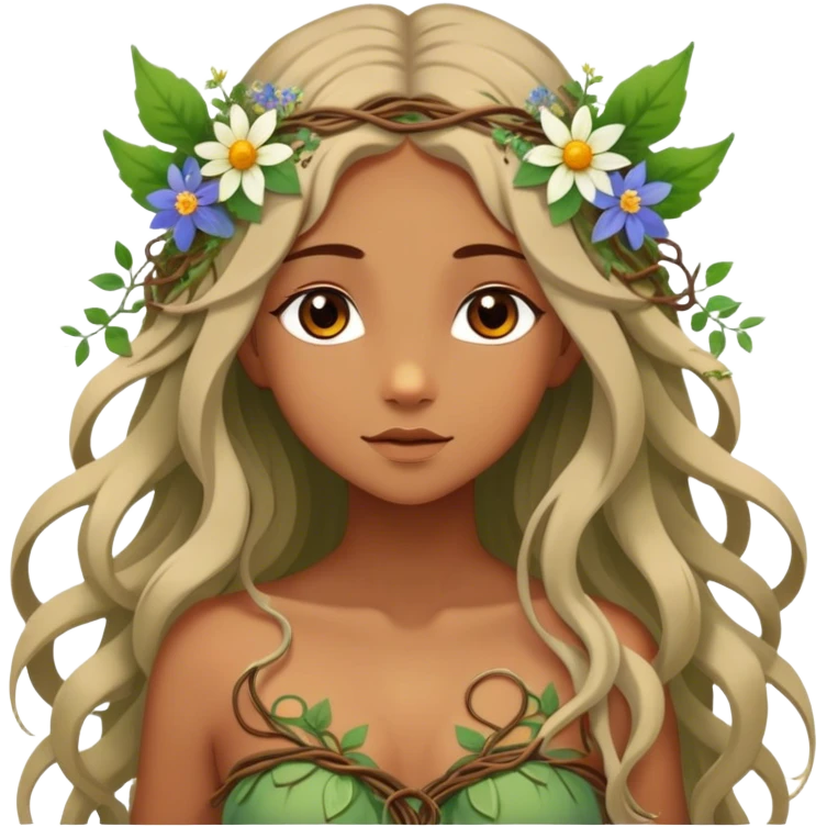 Cinematic Realistic Forest Nymph Fairy Portrait, depicted with lifelike, sun-kissed tanned skin that radiates an earthy glow, softly illuminated by natural, dappled light. Her long, flowing hair is intricately detailed and interwoven with delicate vines and wildflowers, while her deep, soulful eyes mirror the wisdom of the forest. Dressed in an attire inspired by nature’s palette—with subtle botanical motifs—the portrait exudes a soft, enchanted glow that melds realism with woodland magic. emoji