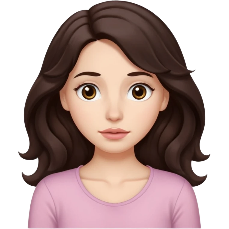 Aesthetic white girl with really long wavy/curly hair color dark brown, hair must be in front of the shoulders (hair in front of the shoulders). Big almond shape tired eyes color brown with dark circles, wide nose, natural lips, sweet expression. Dressed with a cute tight top color light pink. emoji