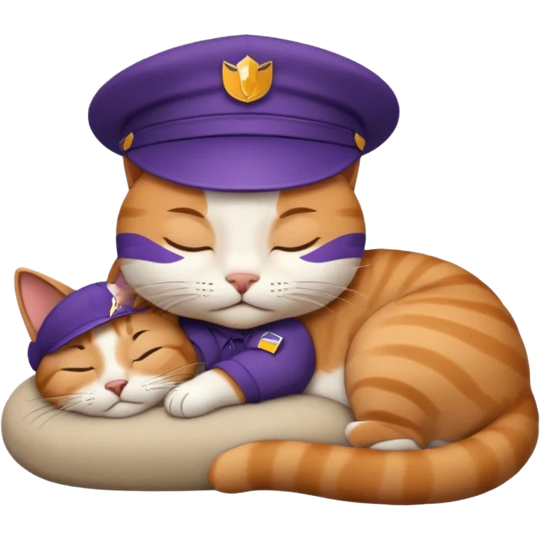 emoji of sleeping cat, its pose is lying, it has on his head FedEx uniform cap emoji