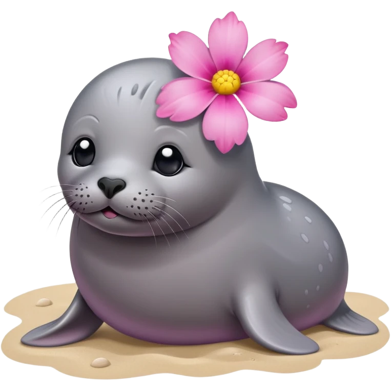 Seal on the beach with the pink flower on the head emoji