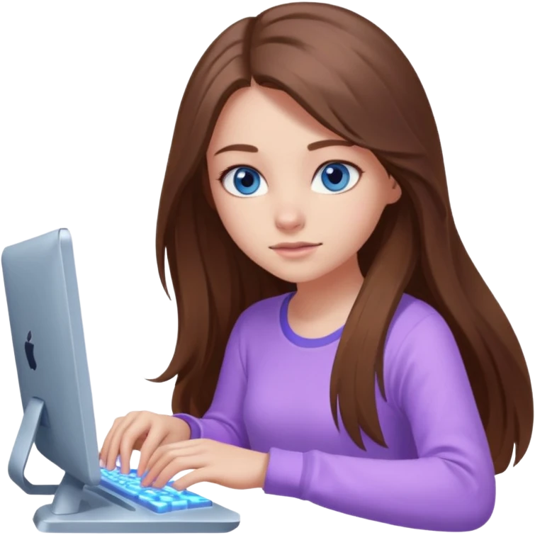 beautiful girl with long brown hair, blue eyes and wearing light purple clothes playing computer games emoji