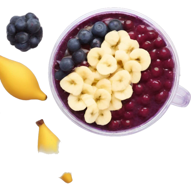Açaí in a clear cup with layers of fruits and granola and condensed milk emoji