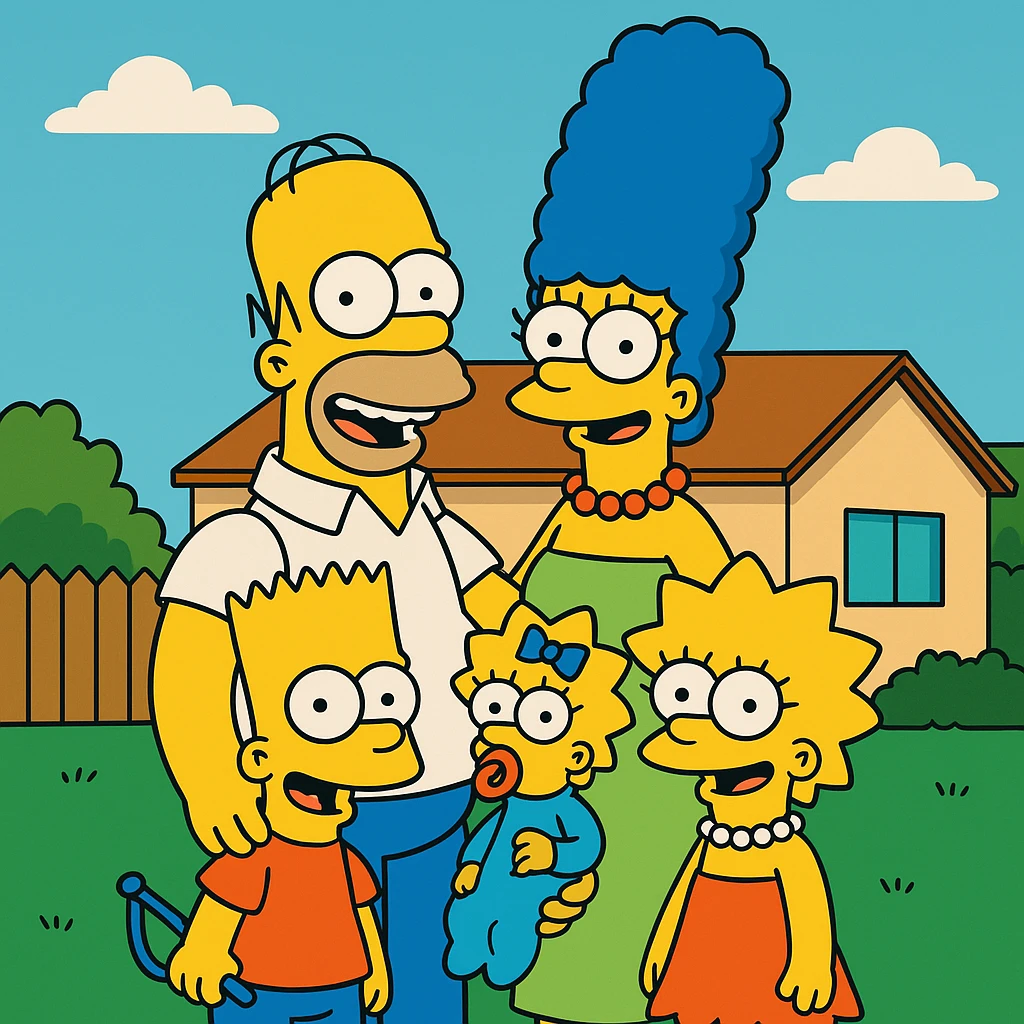 a family portrait in the style of The Simpsons, yellow skin, cartoonish features, simple background emoji
