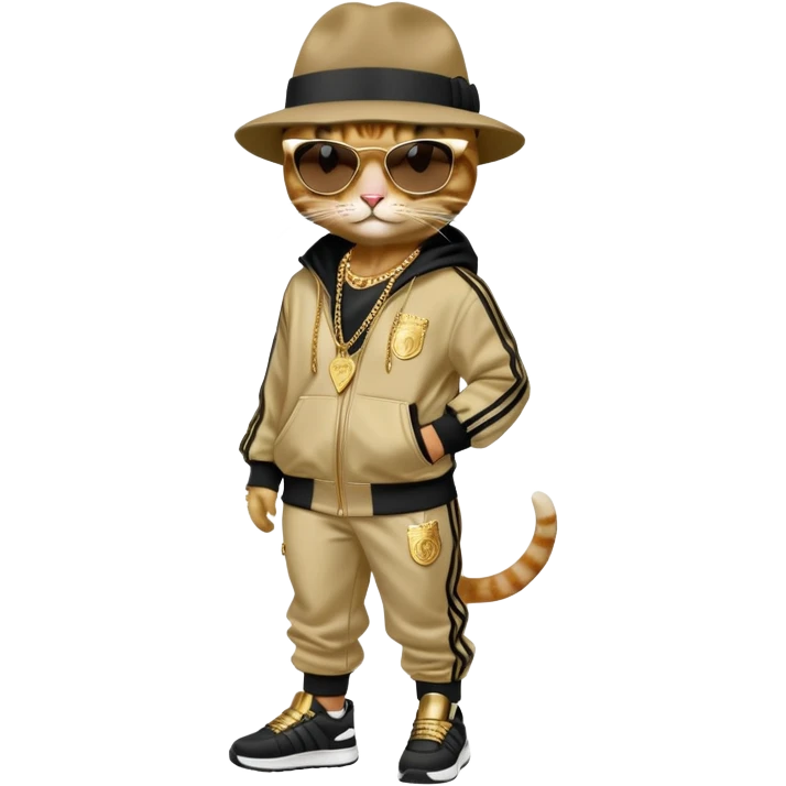 female cat dressed like Run DMC with tracksuit, fedora, Adidas shoes, dark sunglasses, lots of gold chains, upright emoji
