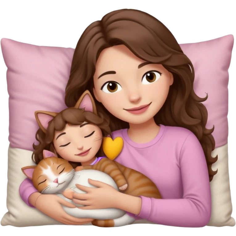 girl with wavy long brown hair, brown eyes, light to medium complexion, long lashes, light pink lipstick, smiling, wearing light pink shirt, sleeping on a cozy pillow, cuddling a cat  emoji