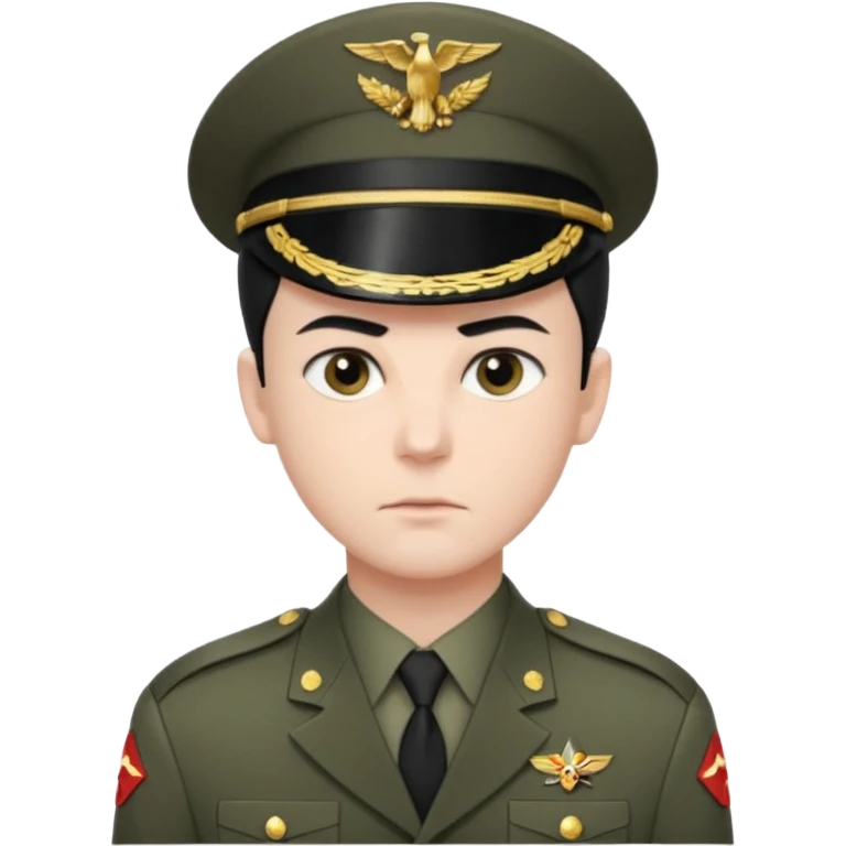 short black neat hair, sharp dark gray eyes, pale skin, serious expression, wearing military uniform, upright posture, minimal accessories, sharp and precise style. Man emoji