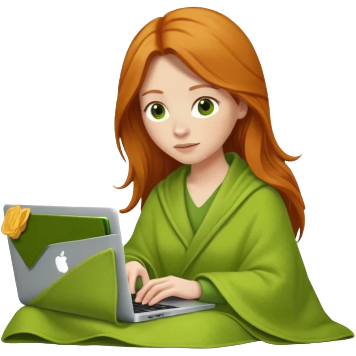 Ginger long hair woman inside a green pistachio color blanket working on her MacBook  emoji