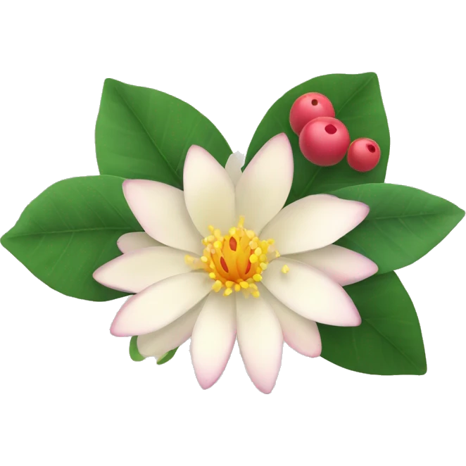 bunch of flowers including water lily and holly berries emoji