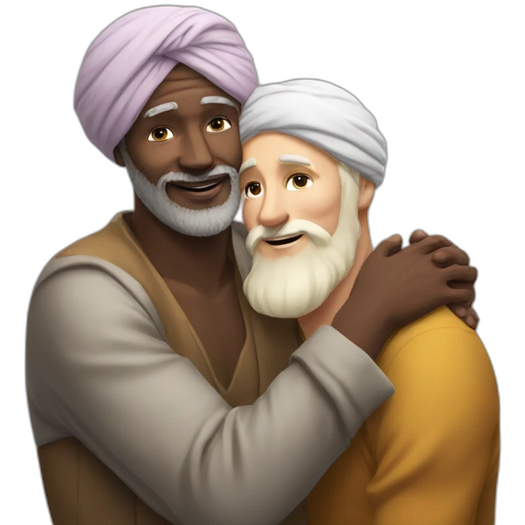 Turban older Man from africa hugs blond beard European man emoji