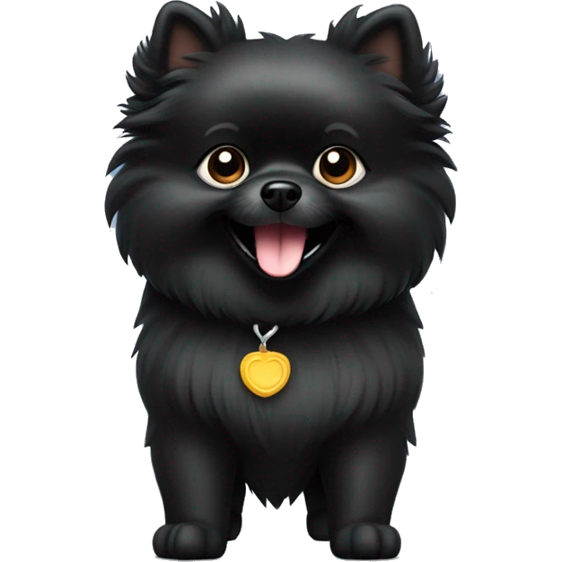 Solid black Pomeranian standing proudly with chest up and smiling emoji