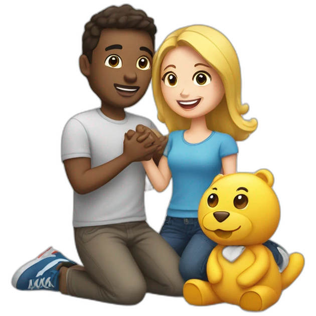 A guy is on his knee and proposing his girlfriend with stuff toys emoji