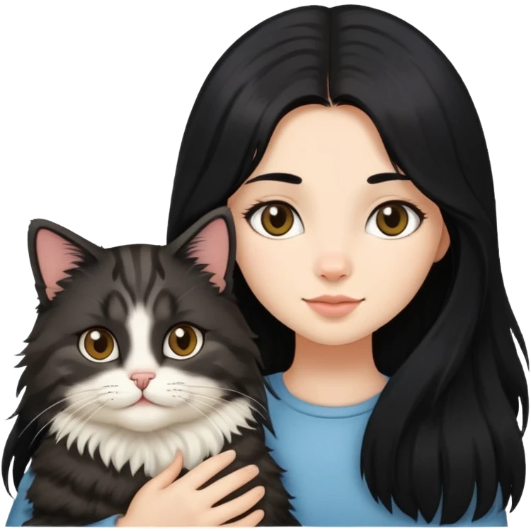 Long black hair girl holding a haired tabby cat emoji