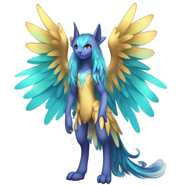 Anthro Sona Cool Edgy Cute Legendary Colorful Shy Winged Shiny Fakemon-Fantasy-Creature With Long Hair-Mane Full Body Detailed High Quality emoji