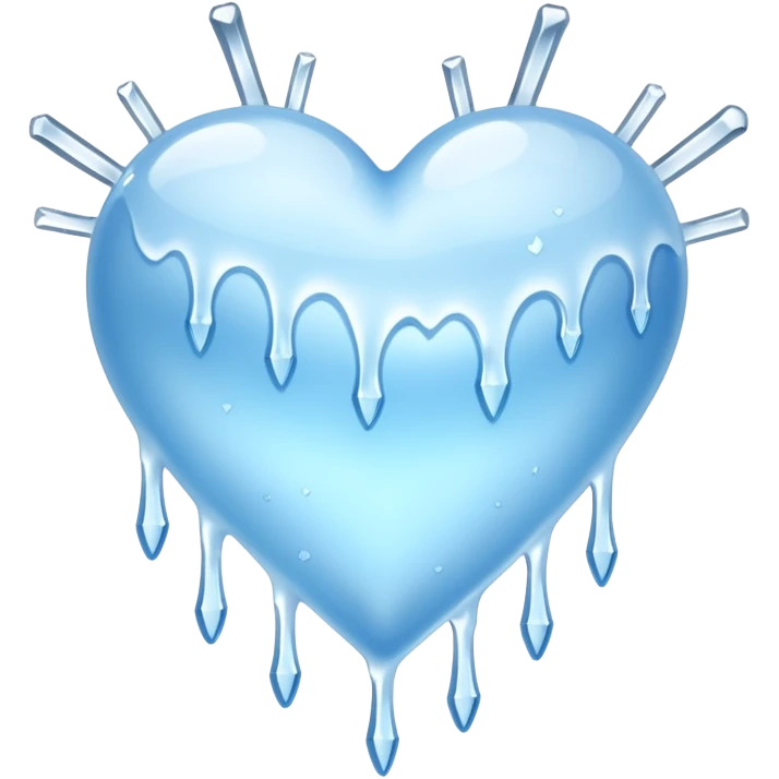 An ice blue heart with frost spidering across it and icicles dripping from it emoji