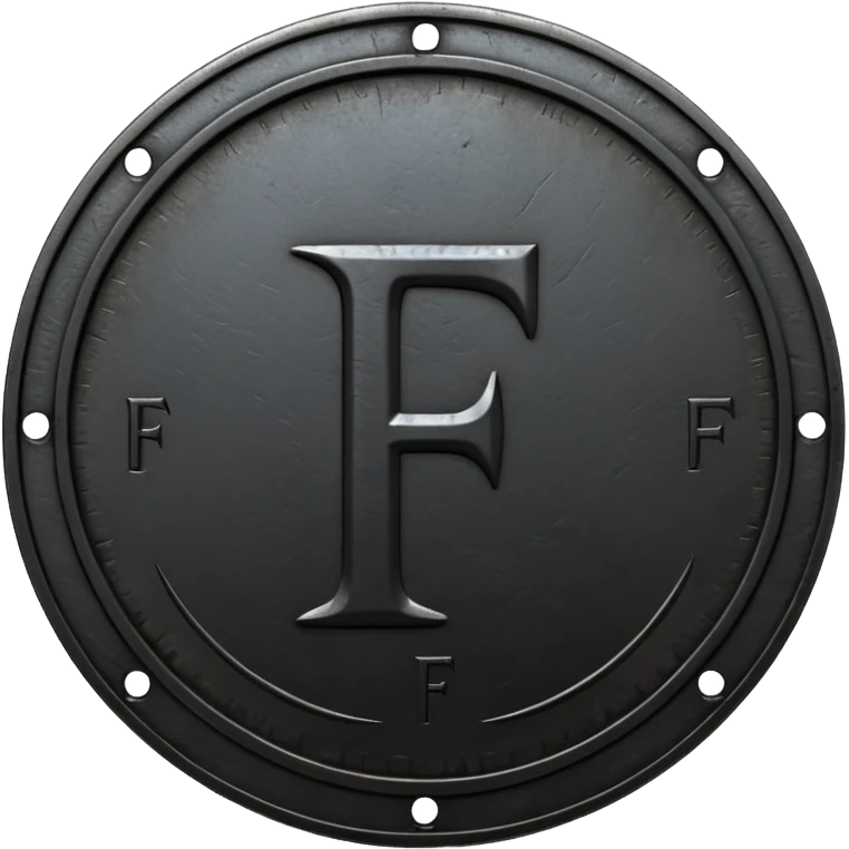 Minimal emoji, gothic metal coin made of black steel, engraved number f at the center, ancient industrial aesthetic, worn metal texture, no glow, no neon, flat emoji design, centered, transparent background emoji
