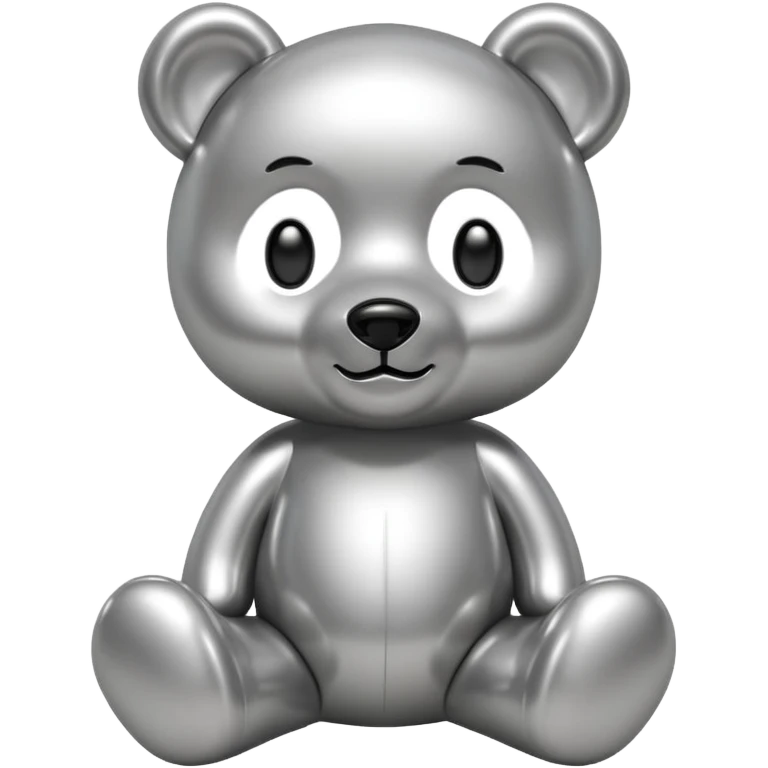 A cute teddy bear emoji made of liquid silver chrome, smooth rounded body, glossy metallic surface, soft reflections, friendly proportions, iOS emoji style, centered, clean white background emoji