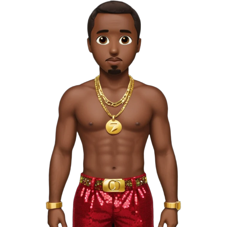 P Diddy with dark brown hair, dark red sequin baggy pants, shirtless with necklace emoji