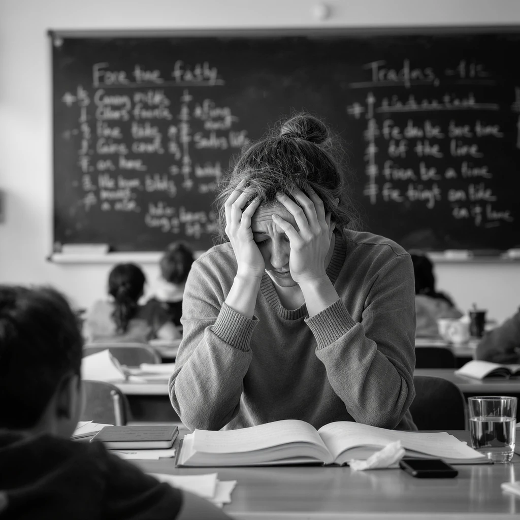 exhausted teacher in a bustling classroom emoji