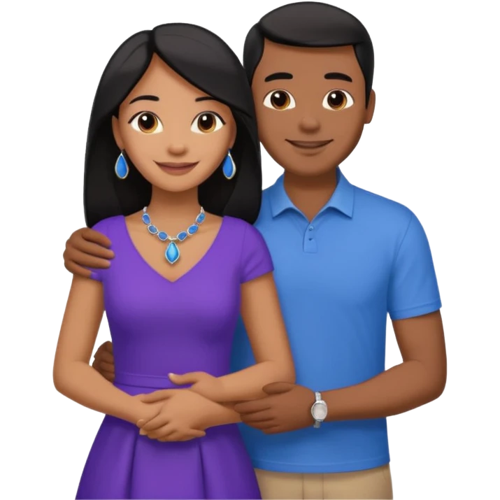 smiling embracing interracial couple. man is tan and has brown straight hair he is wearing blue. woman has very dark color skin and long black hair. she is wearing purple and has matching blue jewelry on emoji