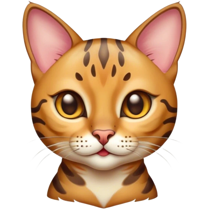 Cinematic Cute Bengal Cat Portrait Emoji, Playful and charming, sleek spotted brown and gold tones, Simplified yet adorable features, highly detailed, glowing with a warm, friendly glow, high shine, curious and affectionate, stylized with a touch of whimsy, bright and alert, soft glowing outline, capturing the essence of a mischievous yet loving kitten, so endearing it feels like it could pounce out of the screen and play! emoji