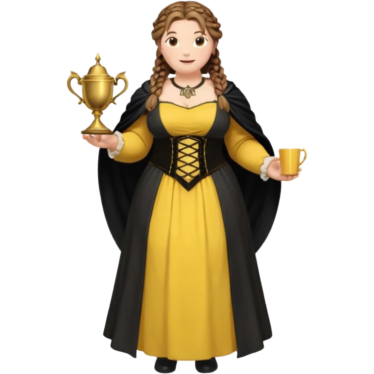 Helga Hufflepuff,brown-haired,2 braids,yellow-black medieval open dress,deep neckline,fat macromastia,black cloak decorated with gold braiding,gold cup with two handles,very kind smile,curvy busty sweet woman,round rosy cheeks,full length with medieval shoes emoji