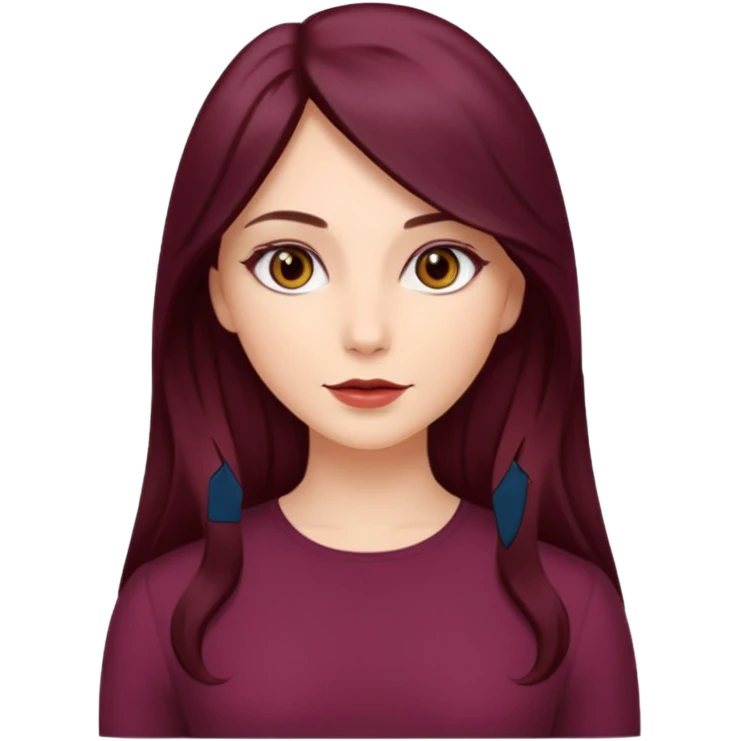 young white woman 
brown almond eyes
Long waist-long hair, center parted
slightly wavy
dark burgundy hair emoji