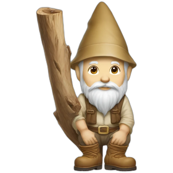 side view of gnome with light tan pants and light tan boots squatting with small log behind him emoji