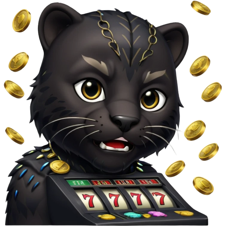 disheveled Black Panther losing money at a slot machine, panicked face, coins flying emoji